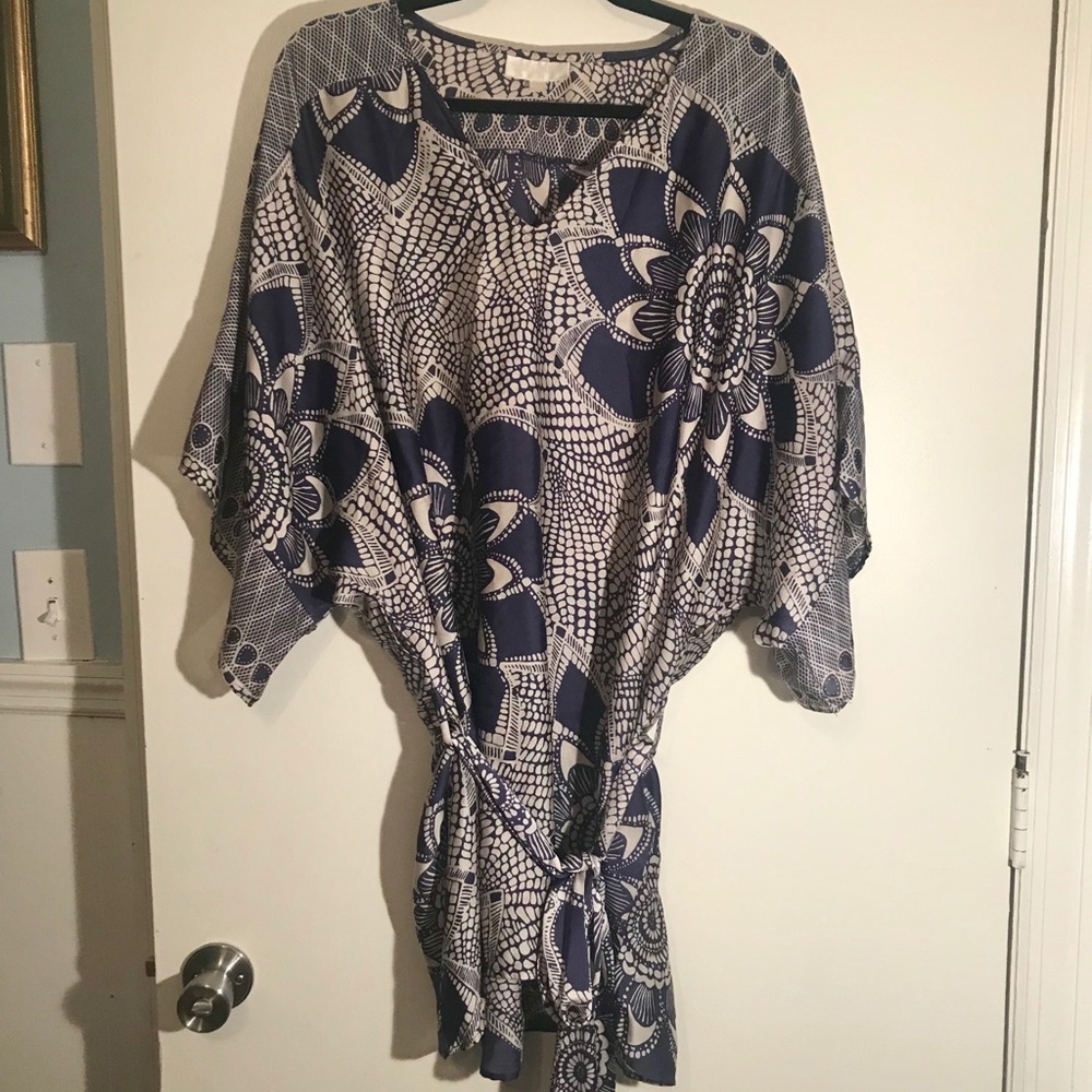 Silky Navy and White Floral Print Tunic with Tie